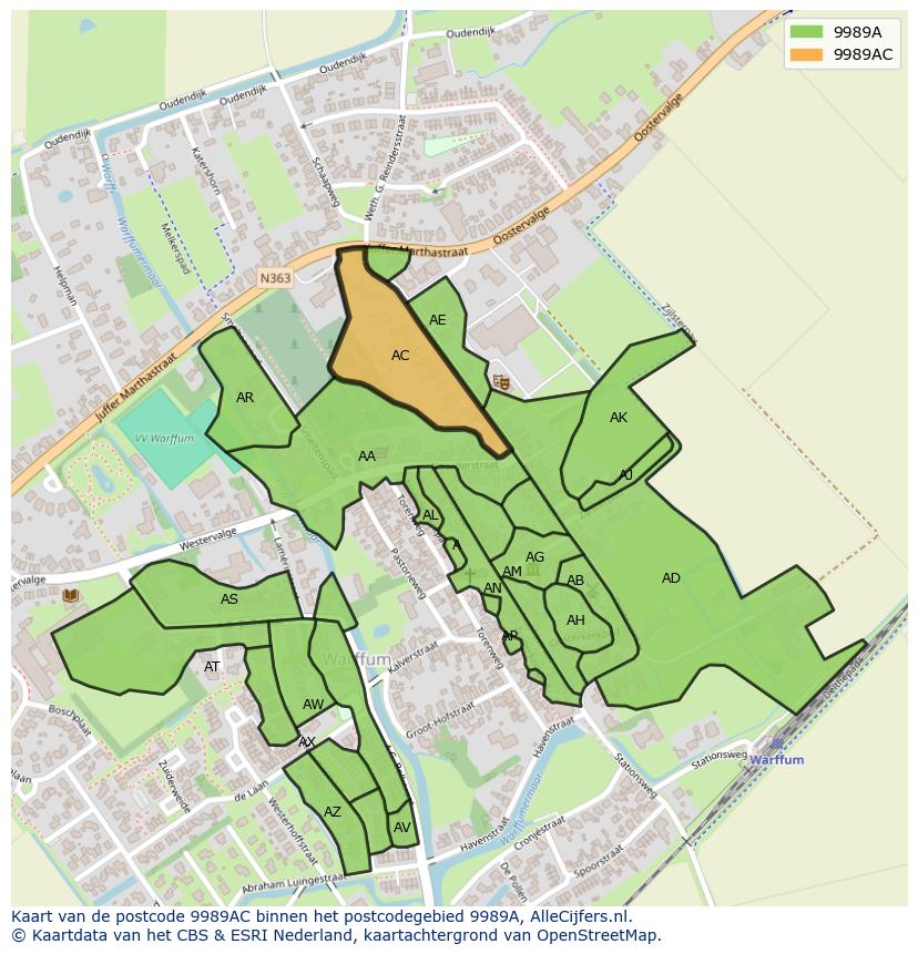 Afbeelding van het postcodegebied 9989 AC op de kaart.