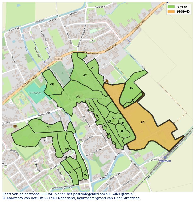 Afbeelding van het postcodegebied 9989 AD op de kaart.