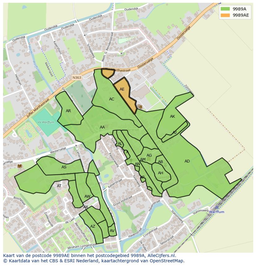 Afbeelding van het postcodegebied 9989 AE op de kaart.