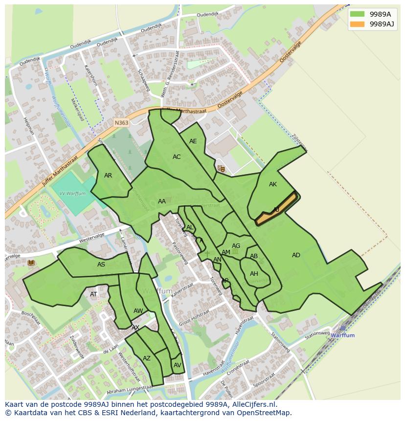 Afbeelding van het postcodegebied 9989 AJ op de kaart.
