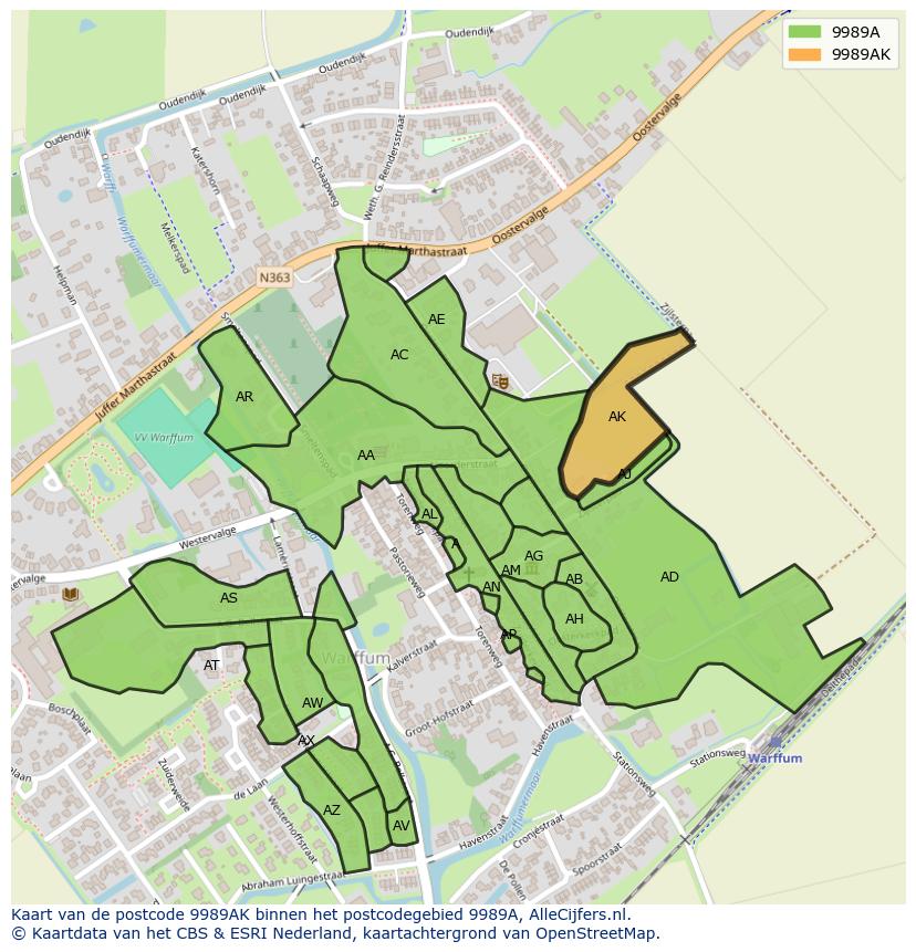 Afbeelding van het postcodegebied 9989 AK op de kaart.