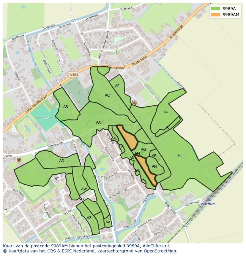 Afbeelding van het postcodegebied 9989 AM op de kaart.