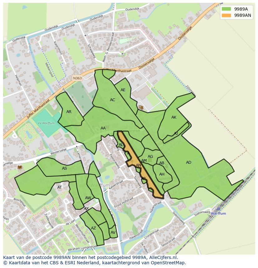 Afbeelding van het postcodegebied 9989 AN op de kaart.