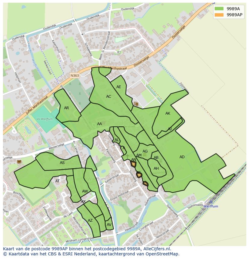 Afbeelding van het postcodegebied 9989 AP op de kaart.