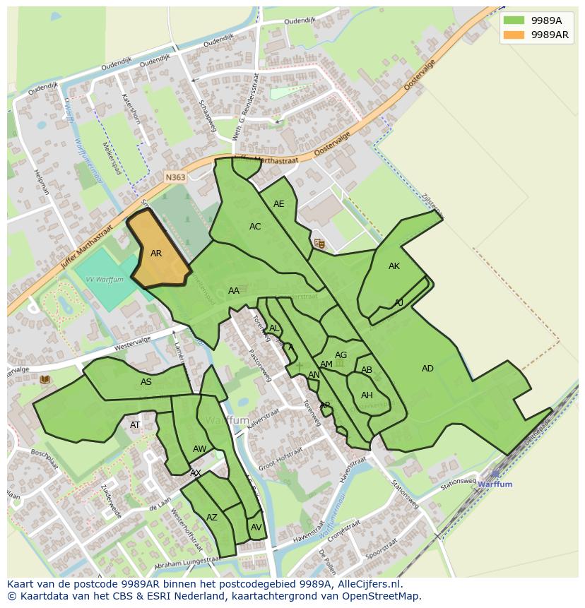 Afbeelding van het postcodegebied 9989 AR op de kaart.