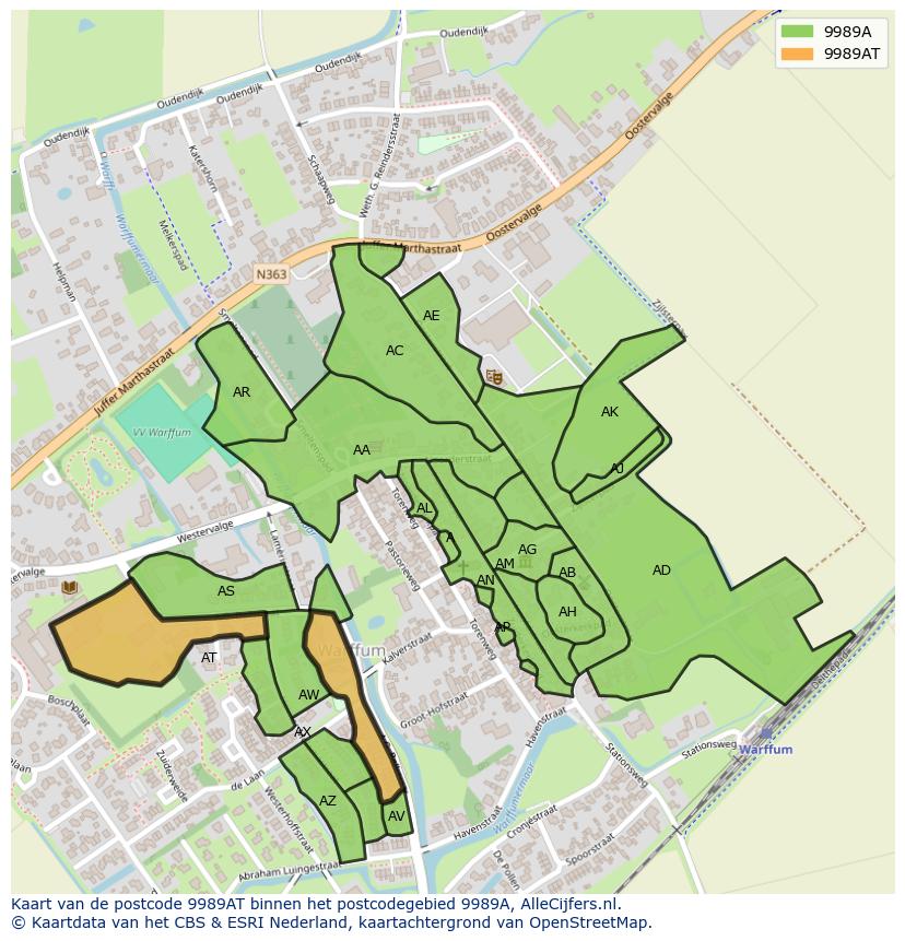 Afbeelding van het postcodegebied 9989 AT op de kaart.
