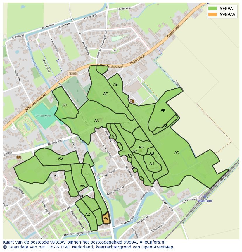 Afbeelding van het postcodegebied 9989 AV op de kaart.