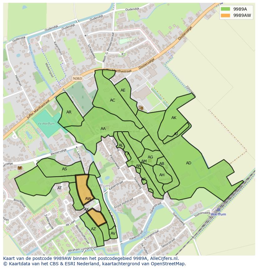 Afbeelding van het postcodegebied 9989 AW op de kaart.