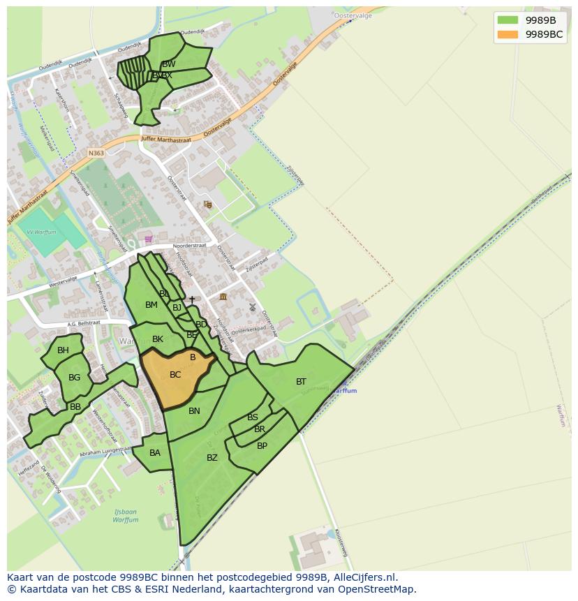 Afbeelding van het postcodegebied 9989 BC op de kaart.