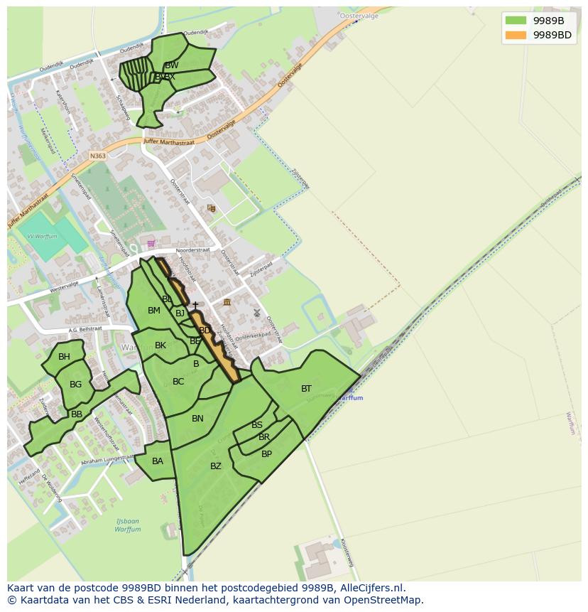 Afbeelding van het postcodegebied 9989 BD op de kaart.