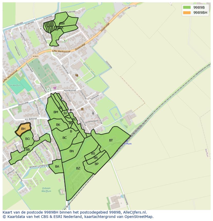 Afbeelding van het postcodegebied 9989 BH op de kaart.