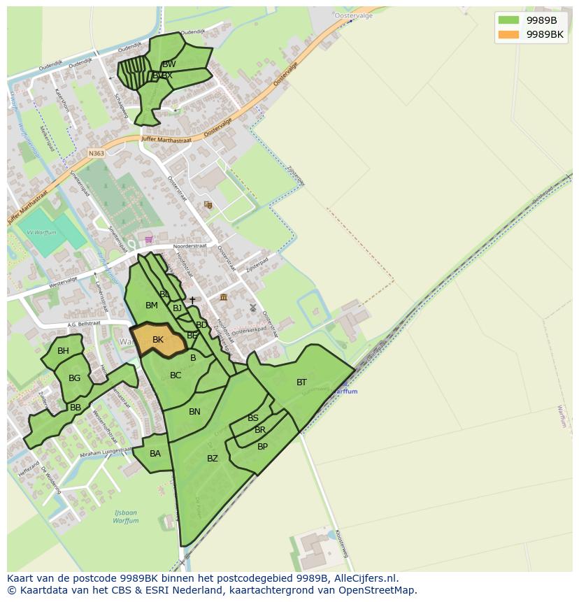 Afbeelding van het postcodegebied 9989 BK op de kaart.