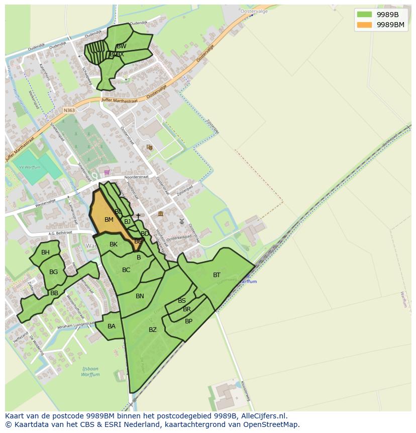 Afbeelding van het postcodegebied 9989 BM op de kaart.