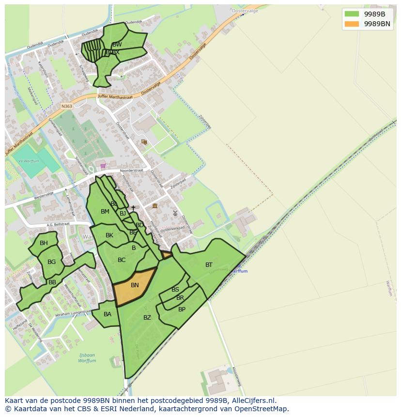Afbeelding van het postcodegebied 9989 BN op de kaart.