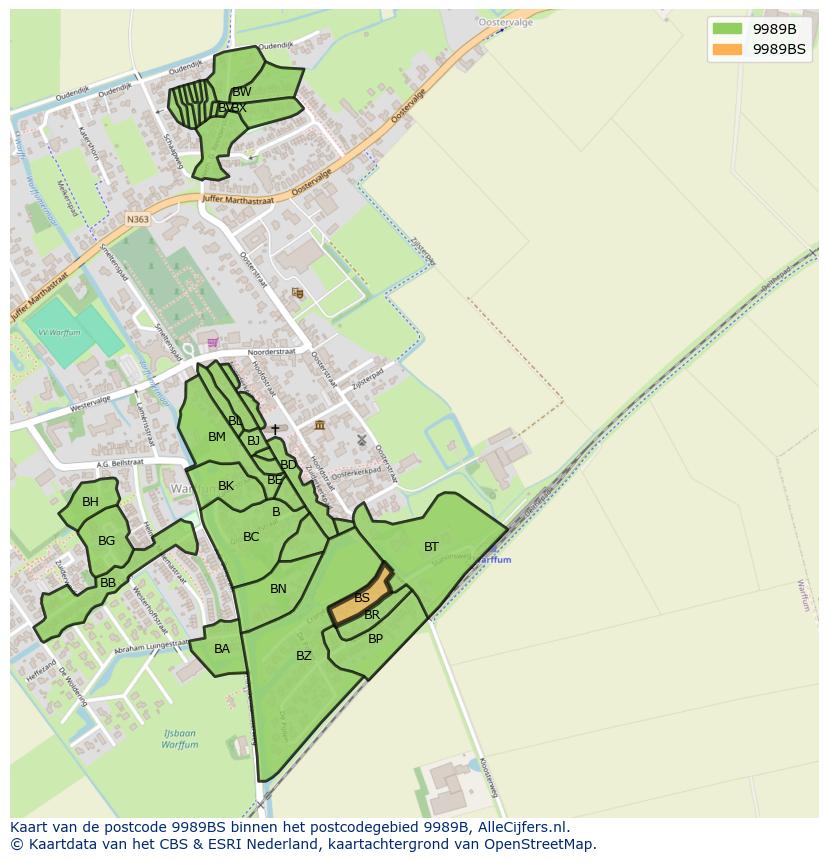 Afbeelding van het postcodegebied 9989 BS op de kaart.