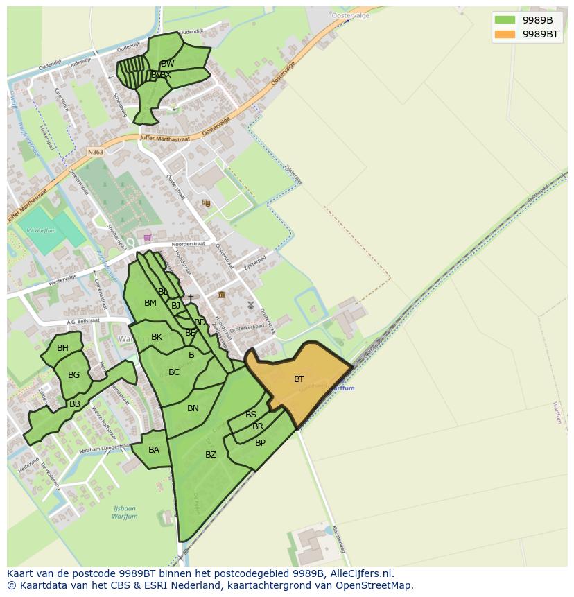 Afbeelding van het postcodegebied 9989 BT op de kaart.