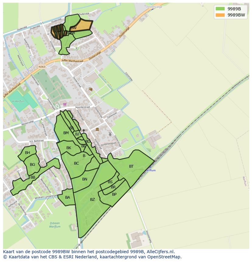 Afbeelding van het postcodegebied 9989 BW op de kaart.