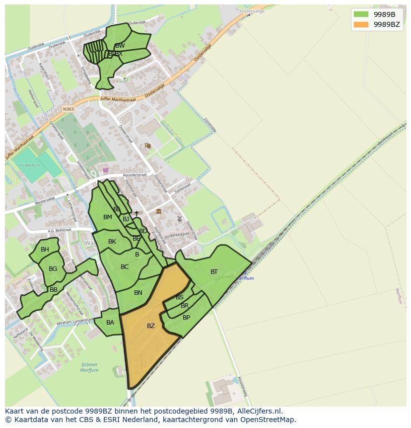 Afbeelding van het postcodegebied 9989 BZ op de kaart.
