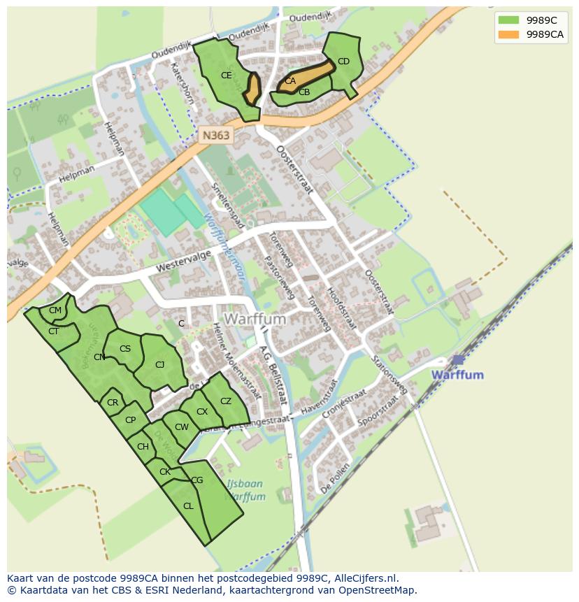 Afbeelding van het postcodegebied 9989 CA op de kaart.