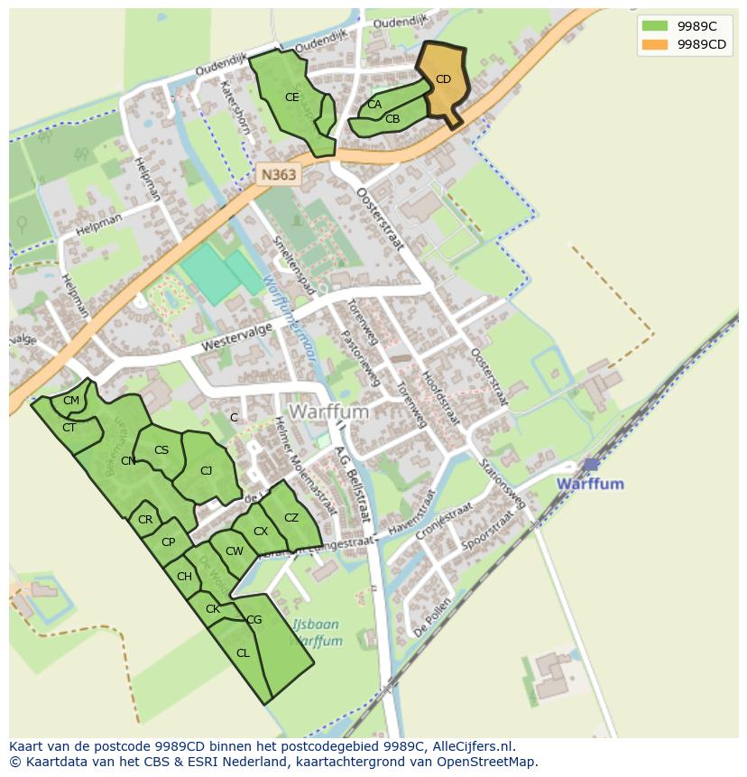 Afbeelding van het postcodegebied 9989 CD op de kaart.