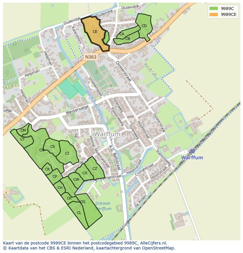Afbeelding van het postcodegebied 9989 CE op de kaart.