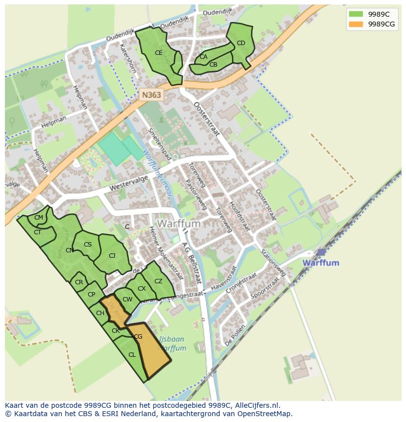 Afbeelding van het postcodegebied 9989 CG op de kaart.