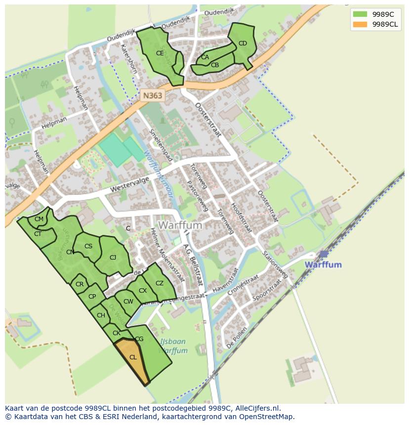 Afbeelding van het postcodegebied 9989 CL op de kaart.