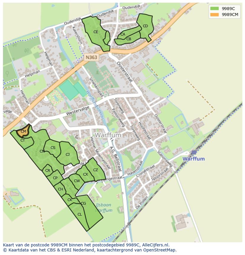 Afbeelding van het postcodegebied 9989 CM op de kaart.