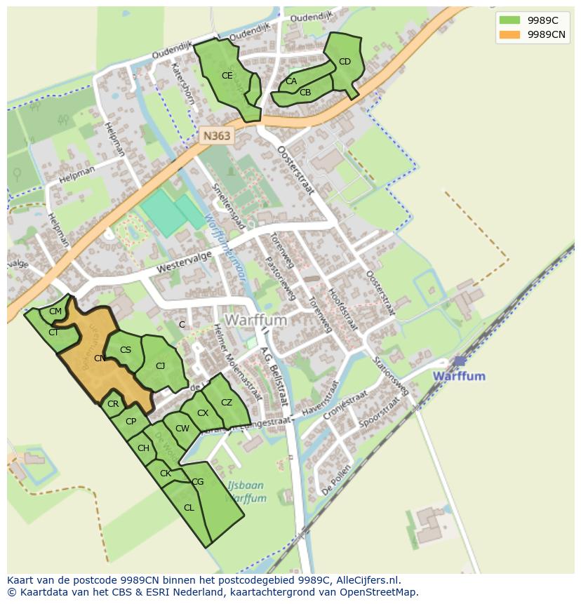 Afbeelding van het postcodegebied 9989 CN op de kaart.