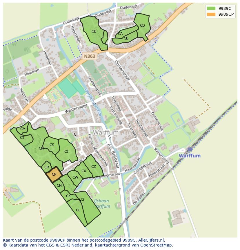 Afbeelding van het postcodegebied 9989 CP op de kaart.