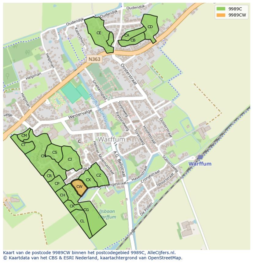 Afbeelding van het postcodegebied 9989 CW op de kaart.