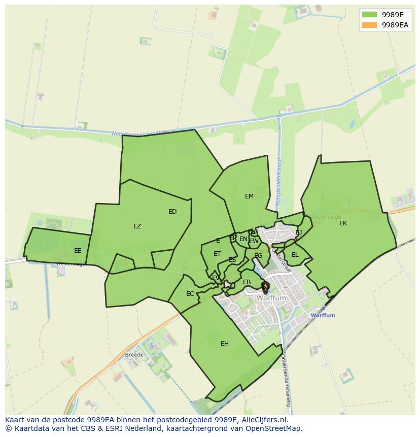 Afbeelding van het postcodegebied 9989 EA op de kaart.