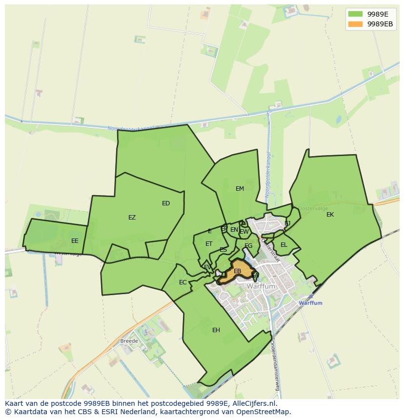 Afbeelding van het postcodegebied 9989 EB op de kaart.