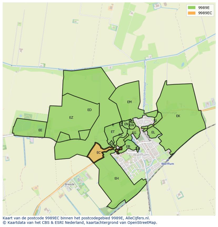 Afbeelding van het postcodegebied 9989 EC op de kaart.