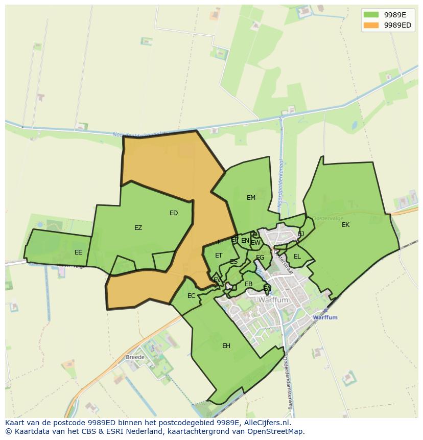 Afbeelding van het postcodegebied 9989 ED op de kaart.