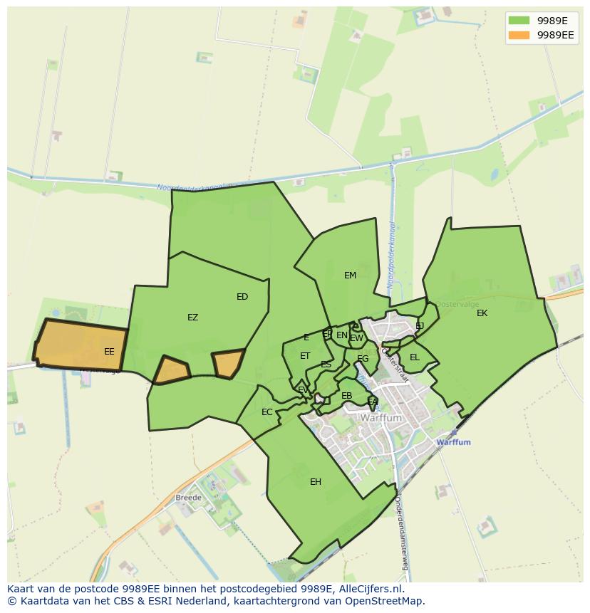Afbeelding van het postcodegebied 9989 EE op de kaart.