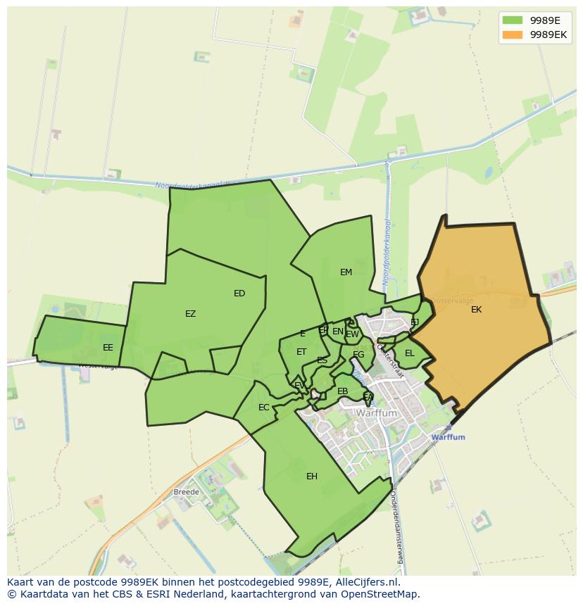 Afbeelding van het postcodegebied 9989 EK op de kaart.