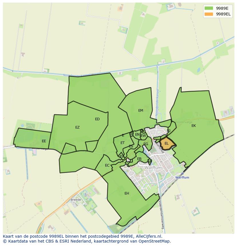 Afbeelding van het postcodegebied 9989 EL op de kaart.