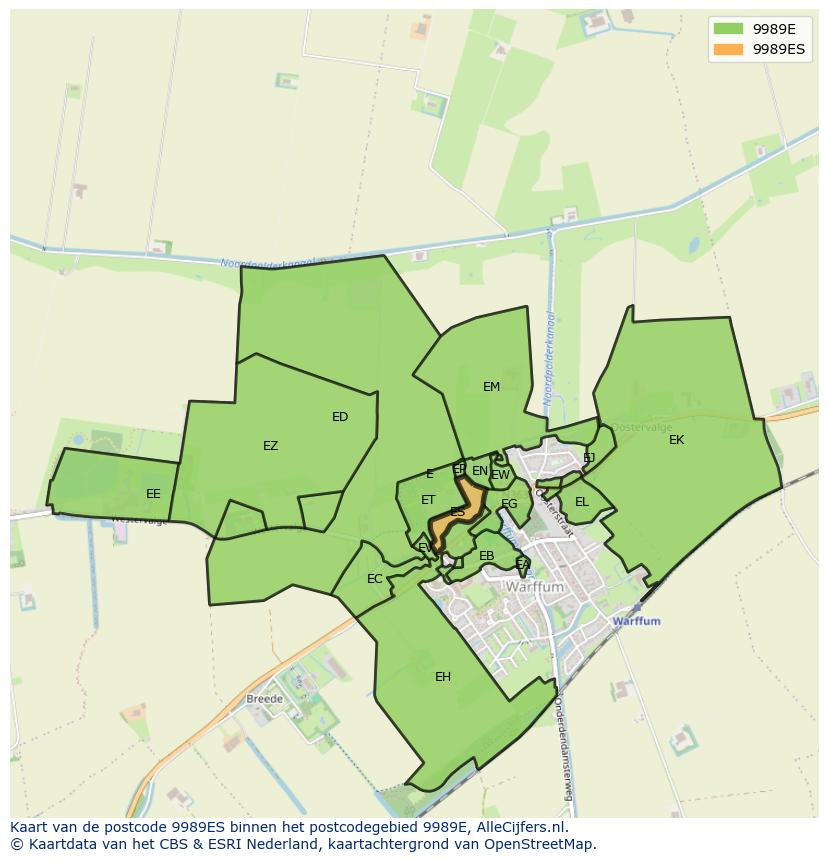 Afbeelding van het postcodegebied 9989 ES op de kaart.