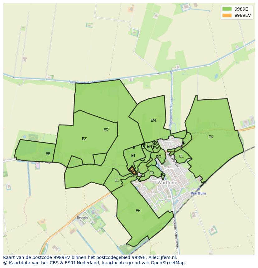 Afbeelding van het postcodegebied 9989 EV op de kaart.