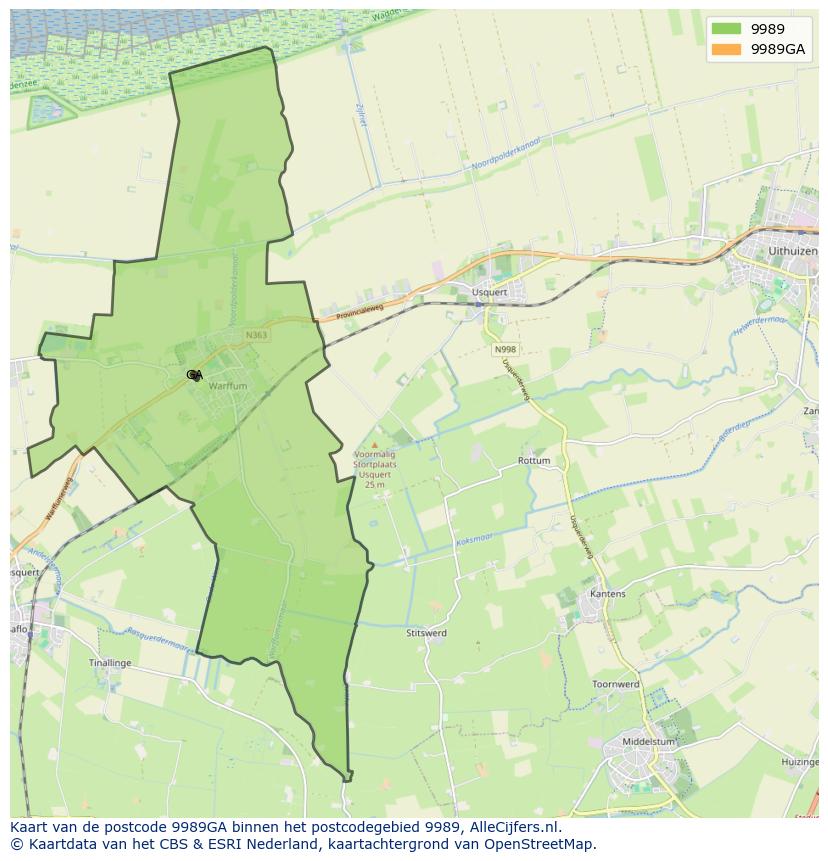 Afbeelding van het postcodegebied 9989 GA op de kaart.