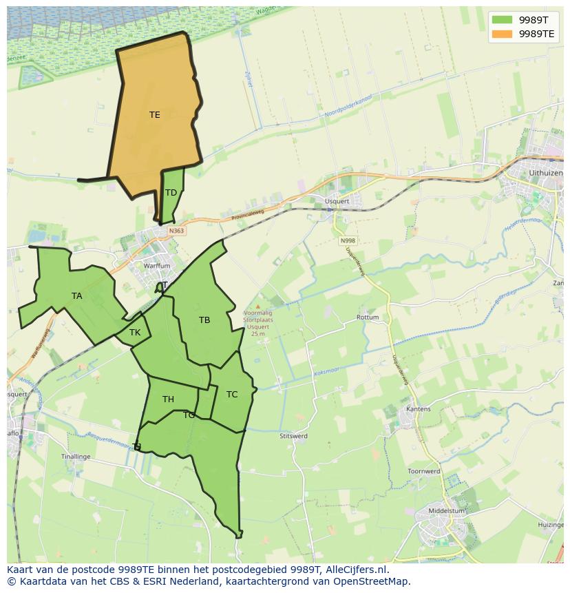 Afbeelding van het postcodegebied 9989 TE op de kaart.