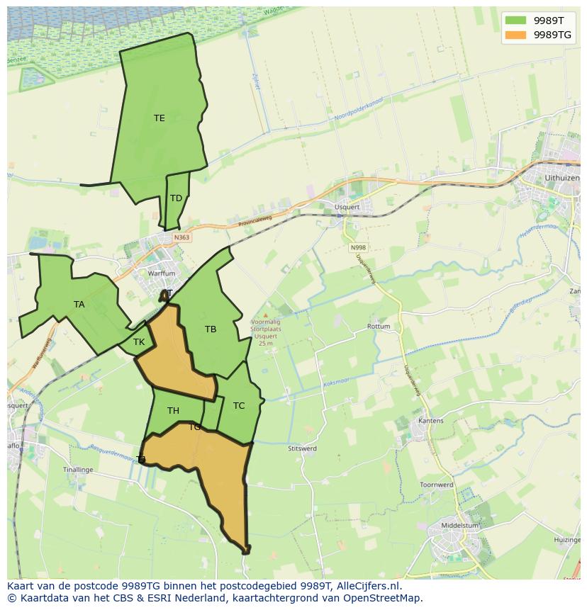 Afbeelding van het postcodegebied 9989 TG op de kaart.