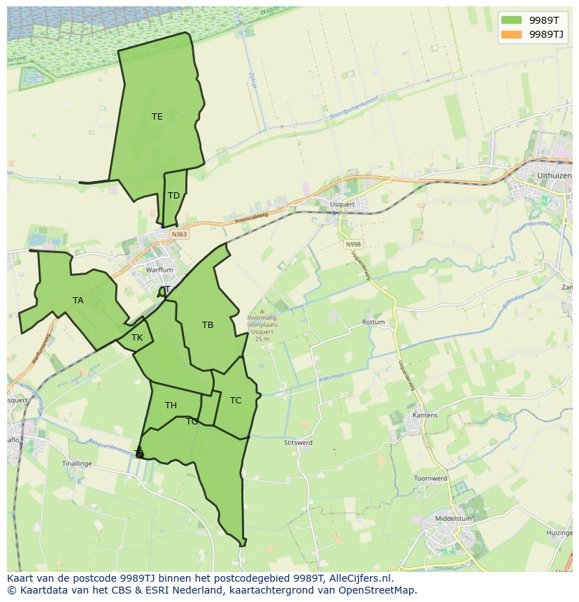 Afbeelding van het postcodegebied 9989 TJ op de kaart.