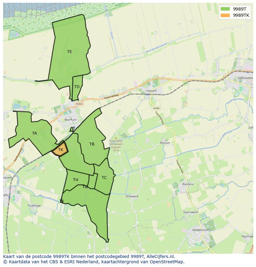 Afbeelding van het postcodegebied 9989 TK op de kaart.