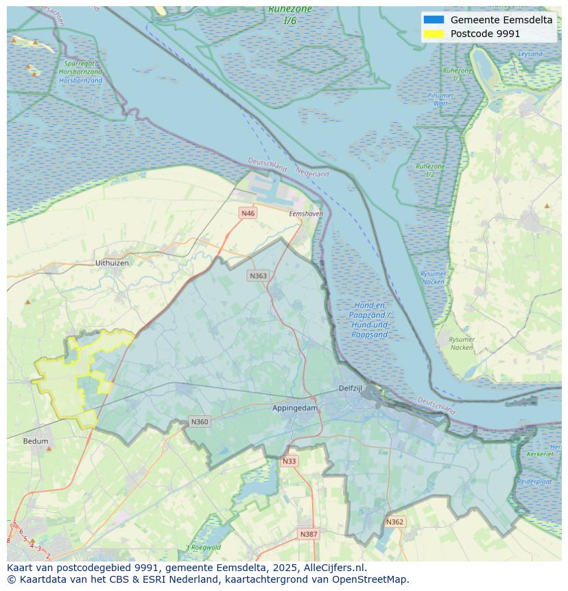 Afbeelding van het postcodegebied 9991 op de kaart.