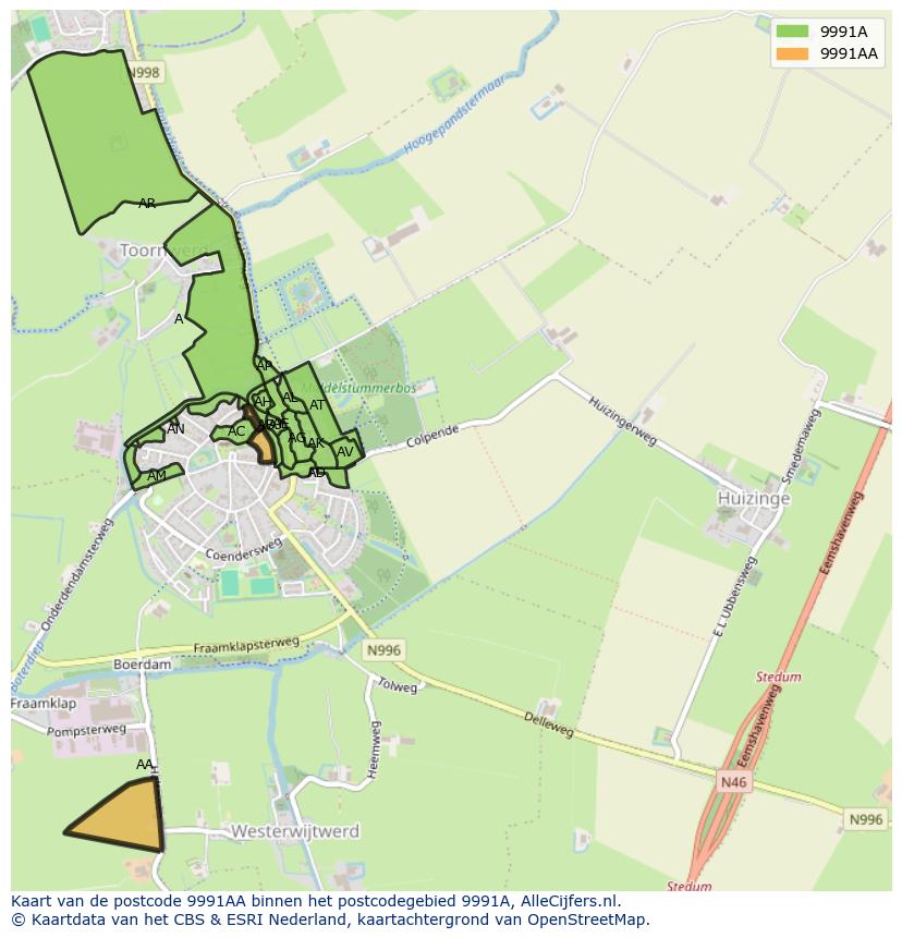 Afbeelding van het postcodegebied 9991 AA op de kaart.