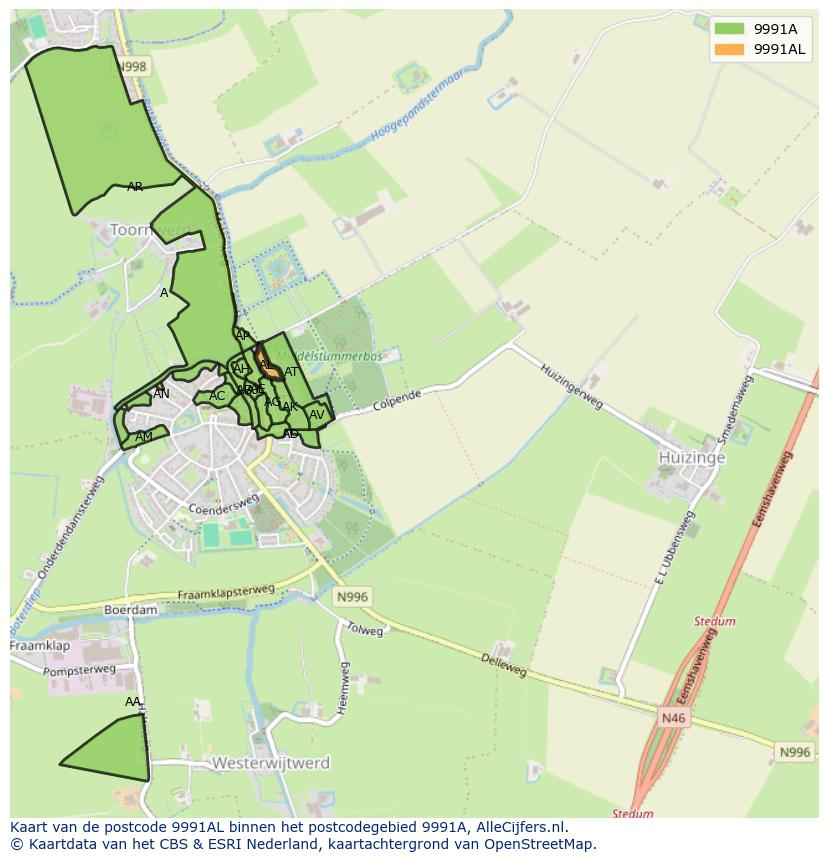 Afbeelding van het postcodegebied 9991 AL op de kaart.