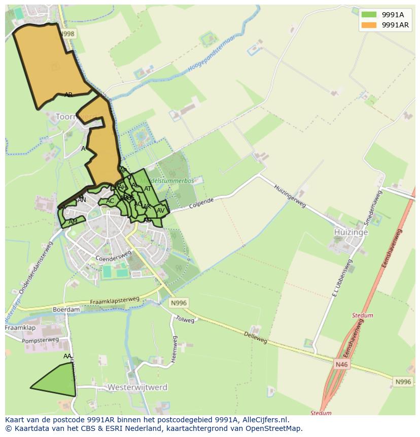 Afbeelding van het postcodegebied 9991 AR op de kaart.
