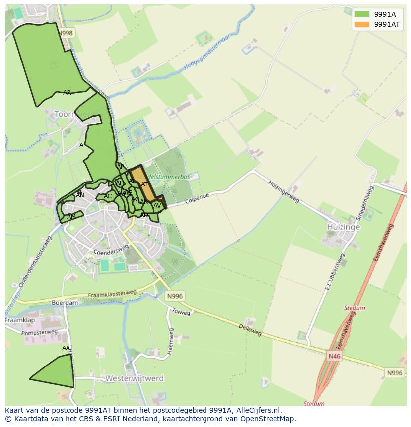 Afbeelding van het postcodegebied 9991 AT op de kaart.